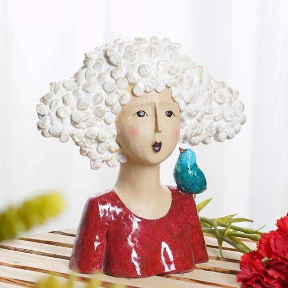 Garden Bust Head Sculpture Red Woman Statue 11 Inch Modern Art Home Decor - Picture 3 of 8